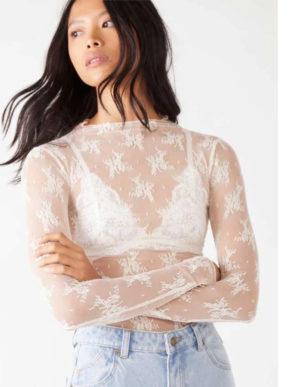 Free People Lady Lux Cream Sheer Lace Layering Top